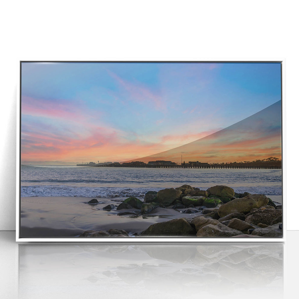 Acrylic print of Santa Barbara, California in art deco style with vibrant sunset hues, ideal for modern art wall decor.