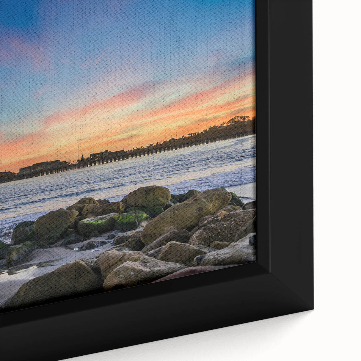 Extra large black wall art featuring a textured, colorful Santa Barbara scenery on a framed canvas.