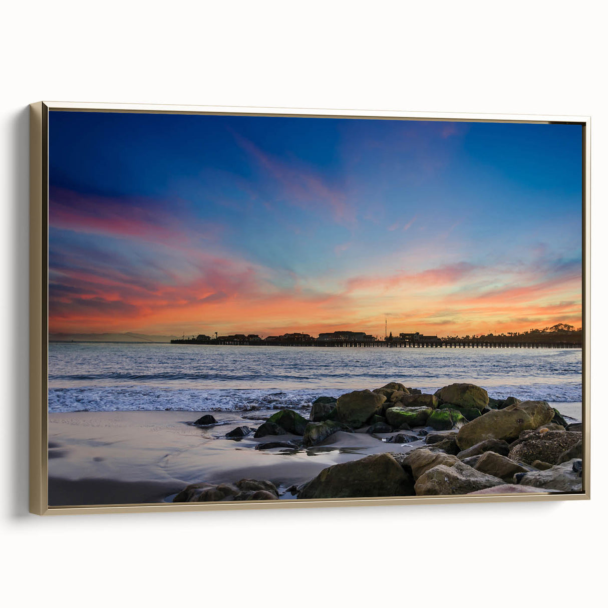 Framed canvas of Santa Barbara landscape in muted earth tones, ideal for bedroom wall art.