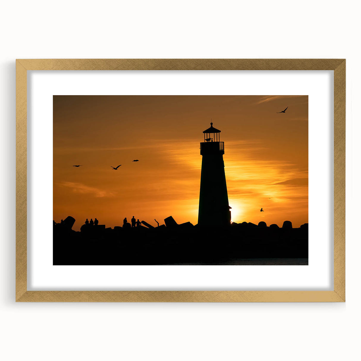 Extra large textured abstract art print of Santa Cruz scenery in a gold frame, ideal for living room decor.