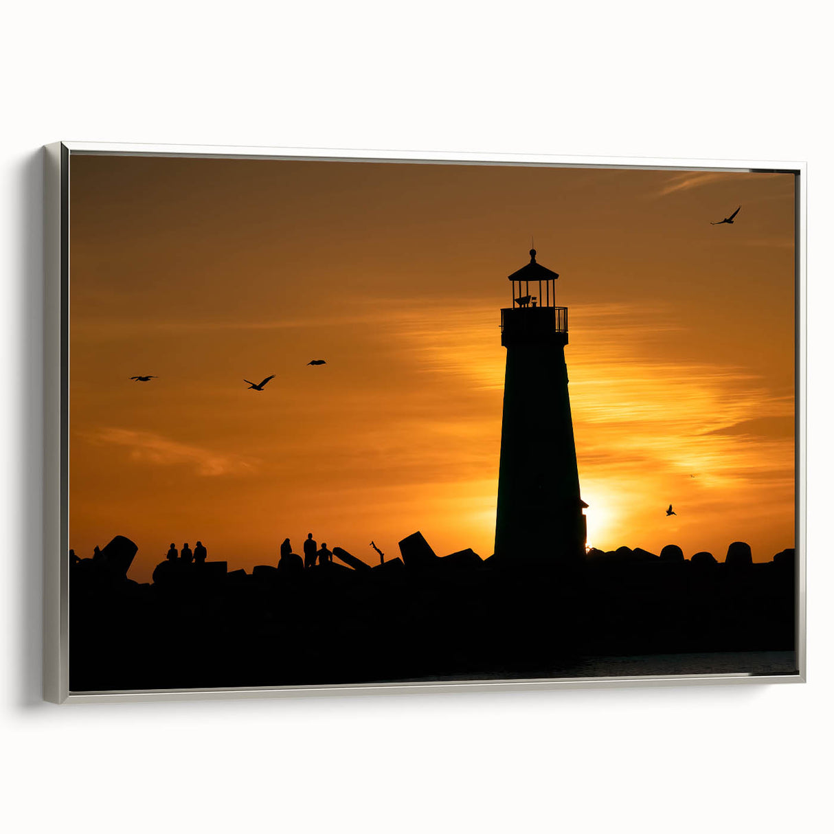 Framed canvas depicting a vintage-style Santa Cruz landscape, with colorful art elements and black accents.