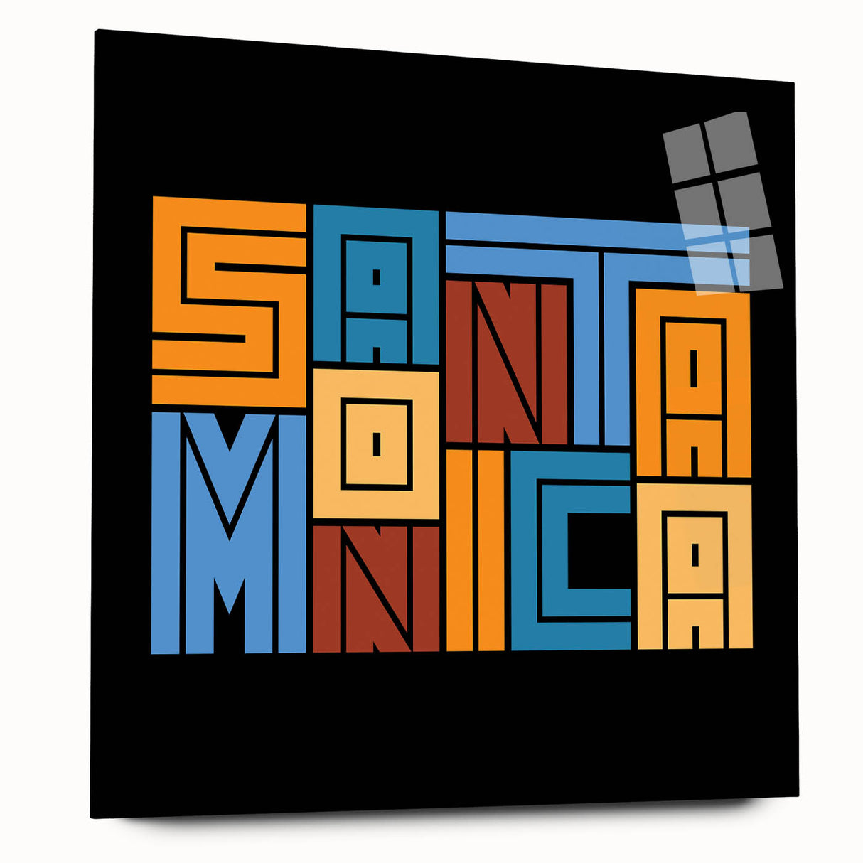 Large abstract wall art of Santa Monica scenery in muted blue and green tones on acrylic glass.