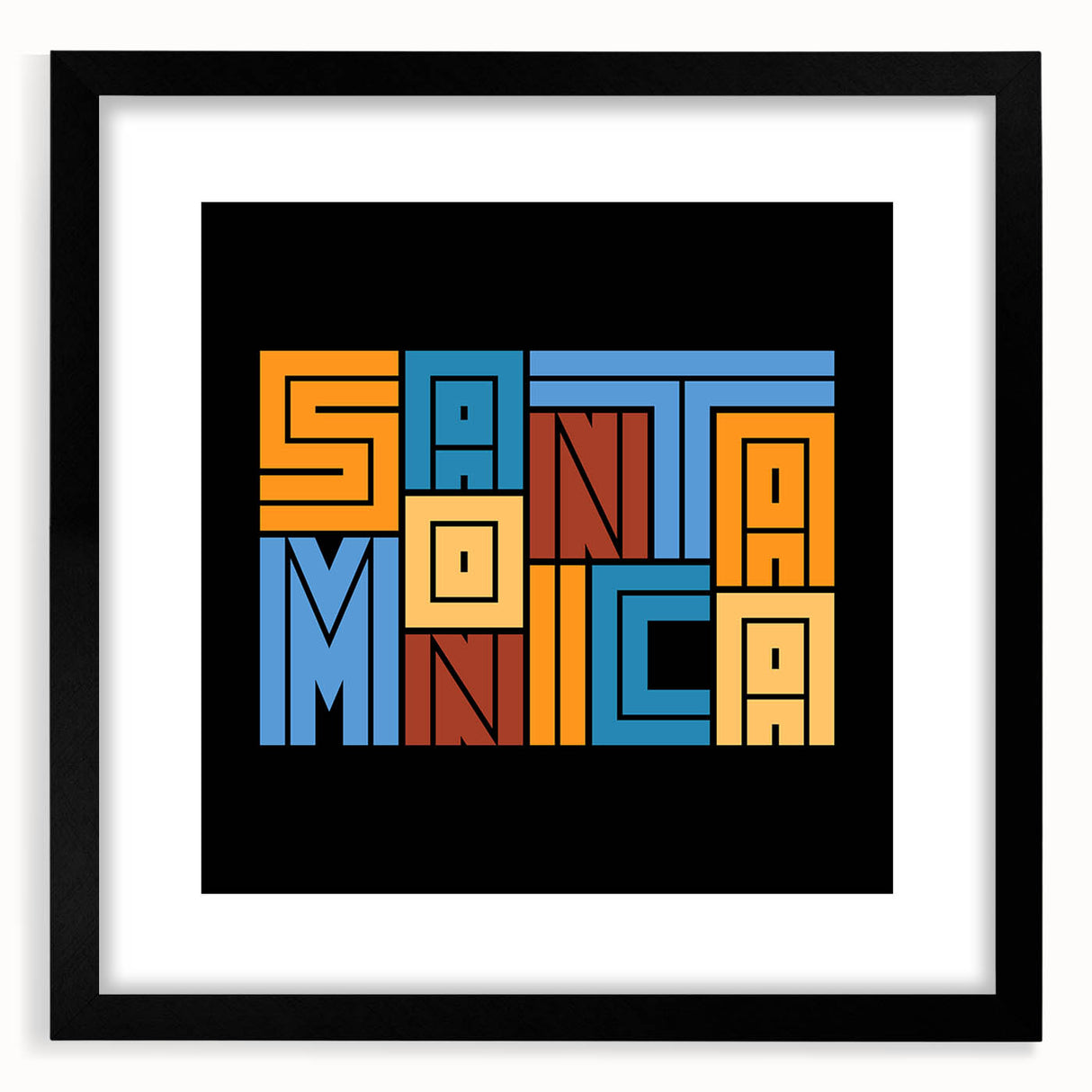 Abstract art print of Santa Monica scenery in vibrant colors on a textured, extra large canvas, ideal for living room decor.
