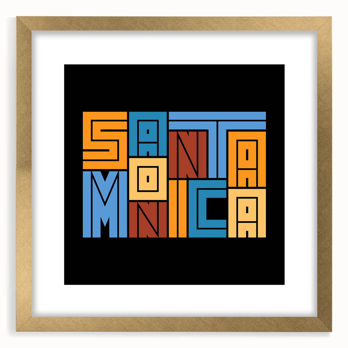 Extra large abstract art print of Santa Monica scenery in muted earth tones on a textured canvas, framed in gold.