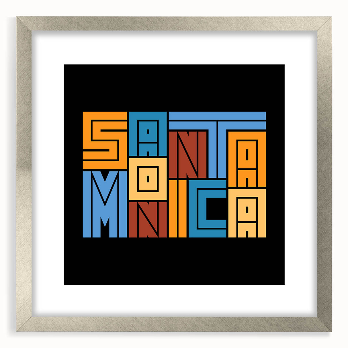 Textured art print of an abstract Santa Monica scenery in silver frame, suitable for bedroom wall decor.