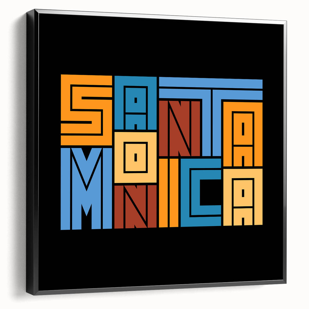 Black and white framed canvas of Santa Monica landscape in a vintage poster style, ideal for bedroom wall decor.