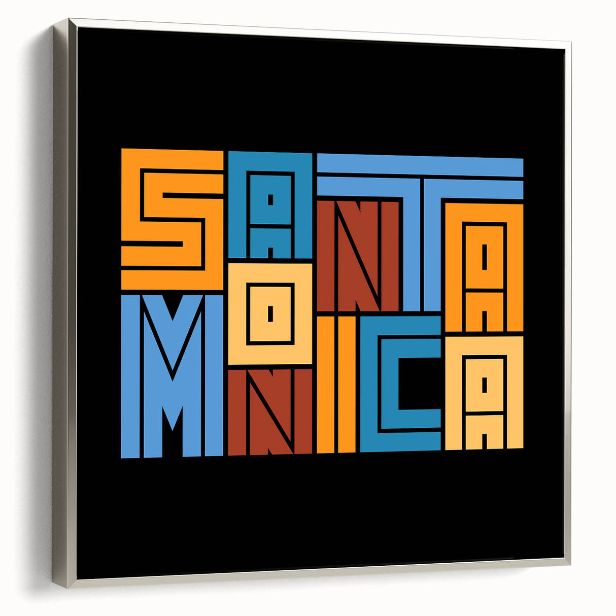 Framed canvas depicting a vintage-style Santa Monica landscape in colorful tones.