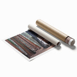 Extra large rolled print of a California sequoia forest in muted green and brown tones.