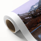 Art deco poster of Sierra Nevada landscape on rolled canvas, featuring subdued earth tones, ideal for nursery wall art.