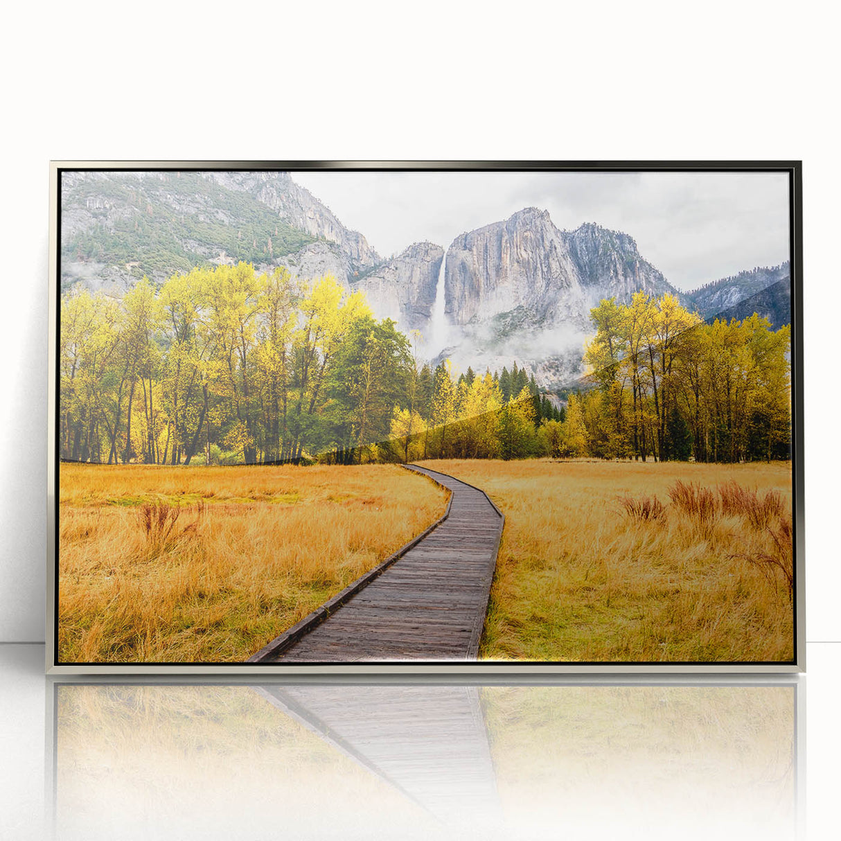 Mid-century modernist art depicting Yosemite Valley in muted earth tones on a framed acrylic print.