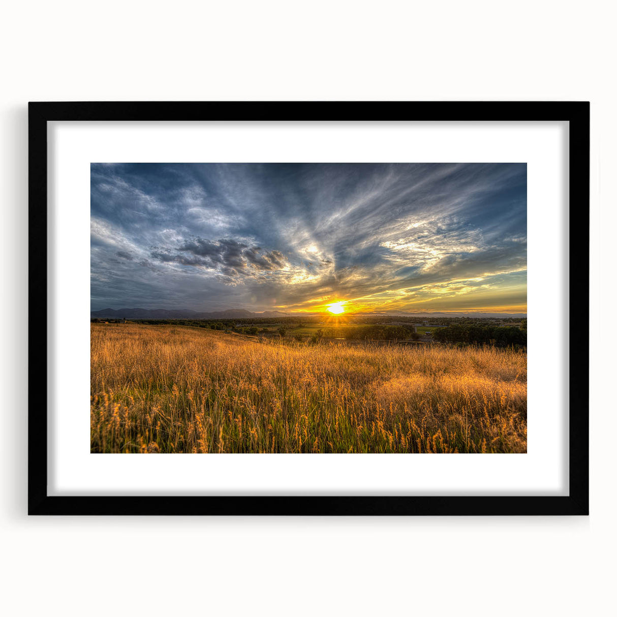 Abstract art print of a Boulder, Colorado scenery in vibrant colors on a large framed canvas, ideal for living room decor.
