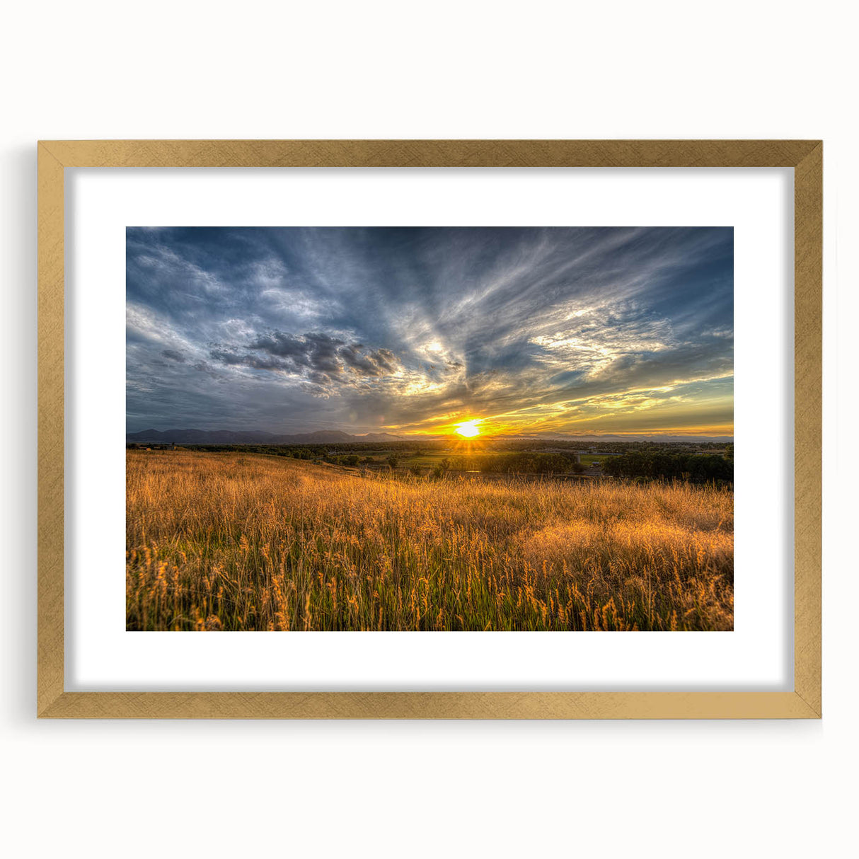 Extra large abstract art print of Boulder, Colorado landscape in textured style with gold frame, ideal for living room decor.