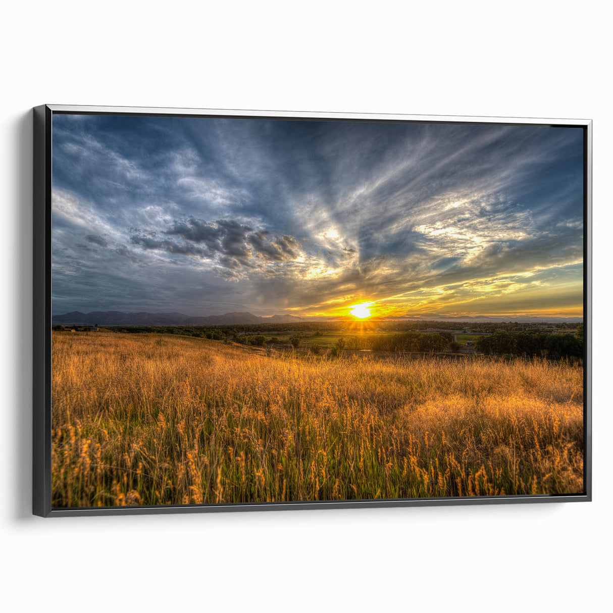 Black and white framed canvas of Boulder, Colorado landscape, ideal for bedroom wall art.