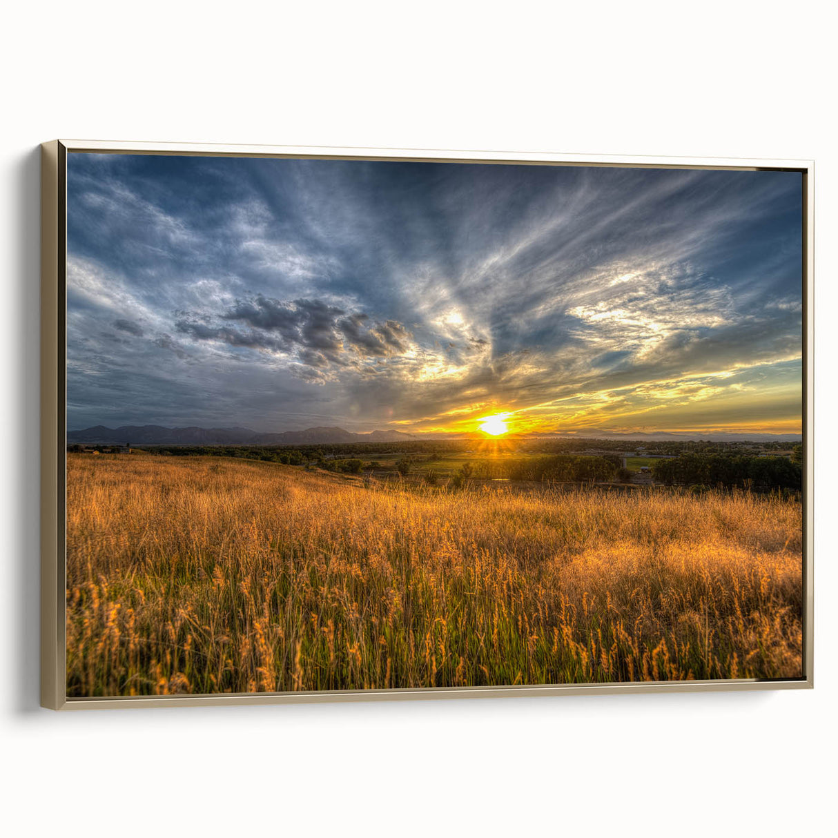 Framed canvas wall art depicting a vintage-style landscape of Boulder, Colorado, in muted gold and black tones.