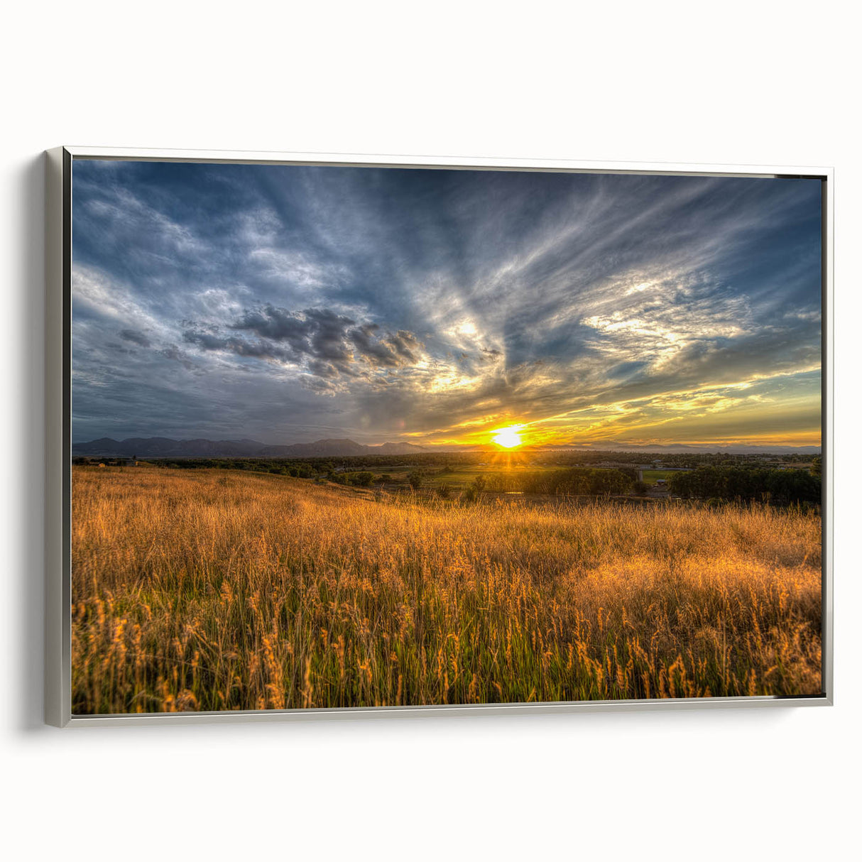 Landscape art painting of Boulder, Colorado, featuring colorful hues on black vintage poster style framed canvas.