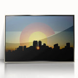 Mid-century modernist art depicting Denver's skyline in muted gray and blue tones, framed acrylic print.