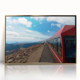 Pikes Peak landscape in muted earth tones, framed acrylic print in a mid-century modernist style.