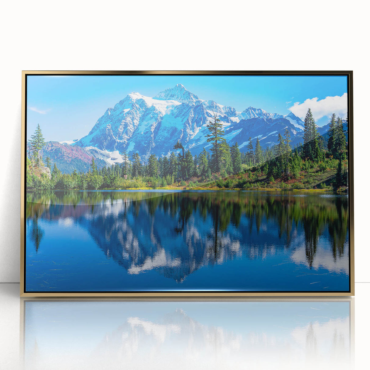 Large art print of the Rocky Mountains in Colorado, featuring gold-framed acrylic in a mid-century modernist style.