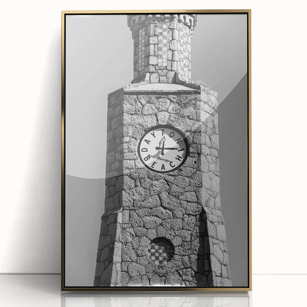 Large art print of Daytona scenery in mid-century modernist style, framed in gold acrylic, suitable for modern decor.