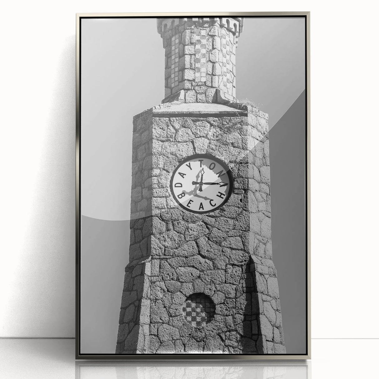 Mid-century modernist art of Daytona scenery, acrylic print in silver frame, ideal for nursery wall decor.