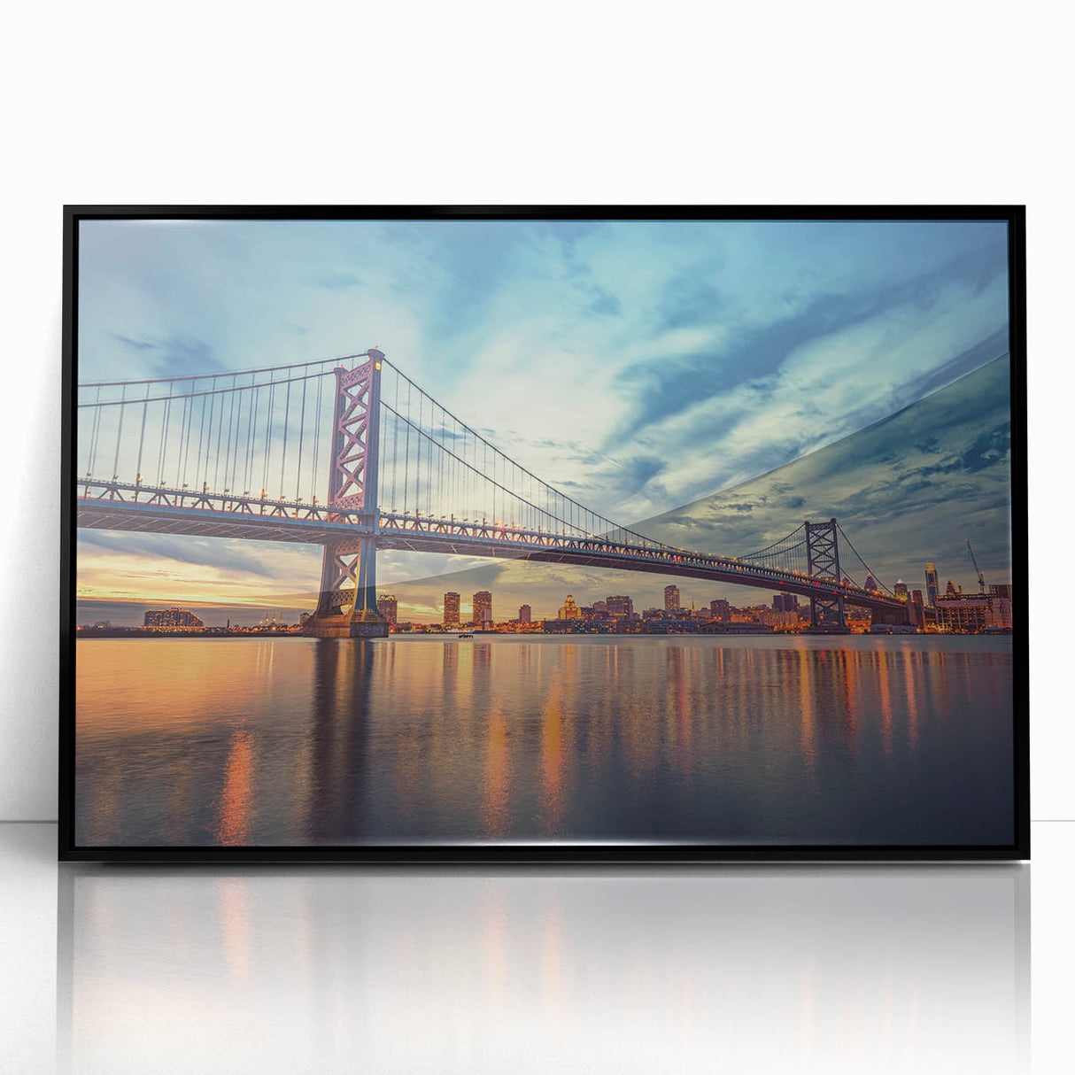 Large abstract wall art depicting a Delaware scenery in muted earth tones on a black framed acrylic.