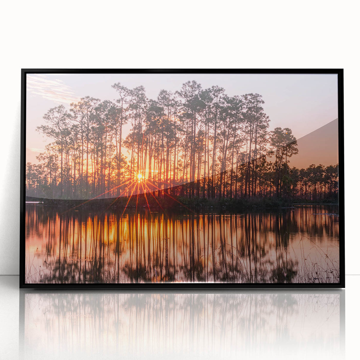 Large abstract wall art of the Everglades in muted greens and blues on a framed acrylic, suitable for modern art wall decor.