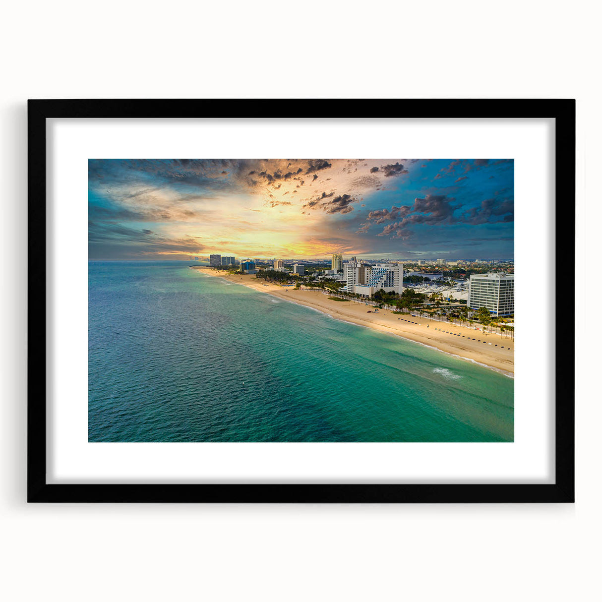 Abstract art print of Fort Lauderdale skyline in vibrant, colorful hues on a large textured canvas, framed in black.