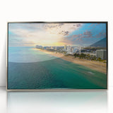 Mid-century modernist art of Fort Lauderdale skyline in pastel shades on a silver-framed acrylic print.