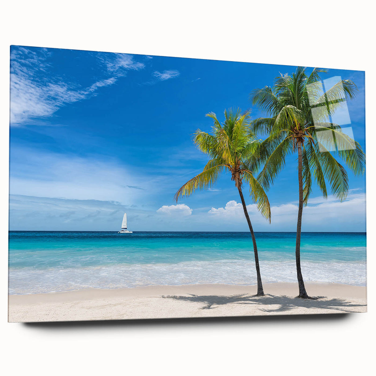 Large abstract wall art of the Florida Keys in muted blue and green tones on acrylic glass.