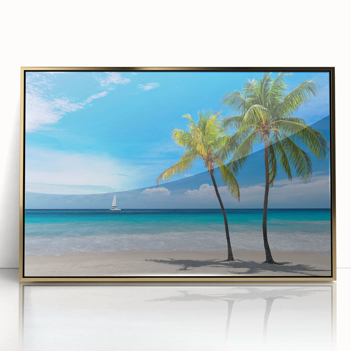 Acrylic print of Florida Keys scenery in gold frame, featuring mid-century modernist style, ideal for modern art wall decor.