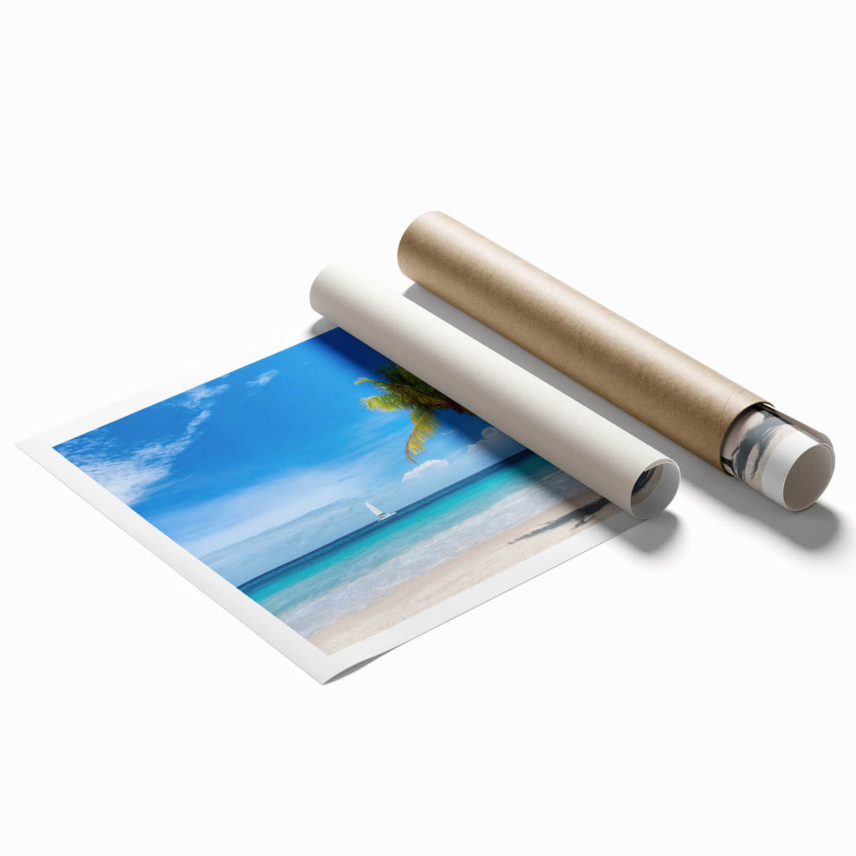 Extra large rolled print of a Florida Keys scenery, featuring vibrant ocean blues and palm trees.