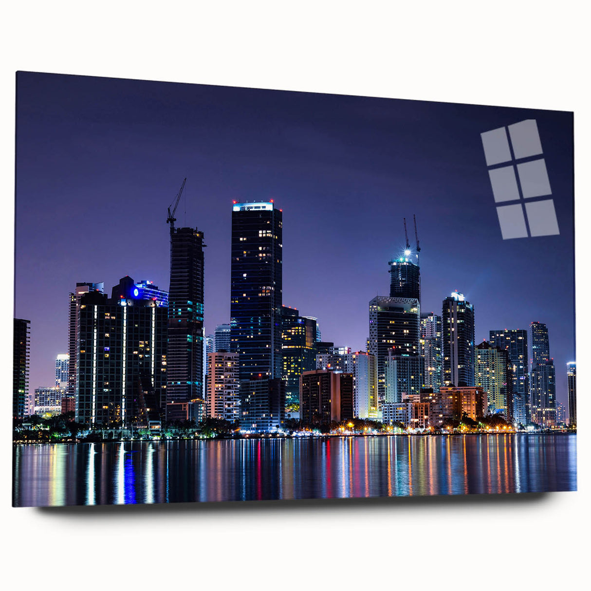 Large abstract wall art of Miami scenery in vibrant sunset hues on acrylic glass, suitable for bedroom or dining room decor.