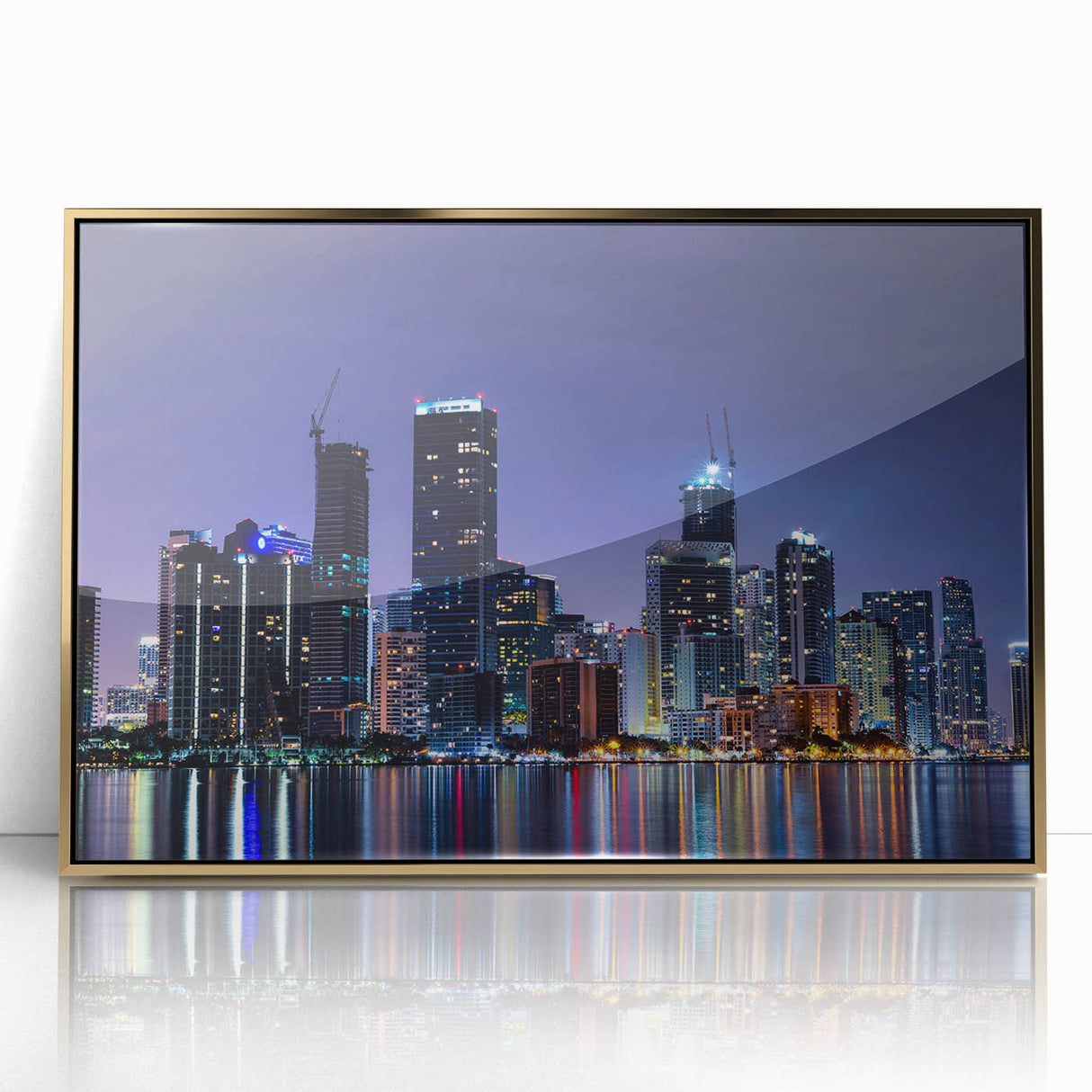 Framed acrylic print of Miami skyline in muted gold and blue tones, suitable for modern art wall decor.