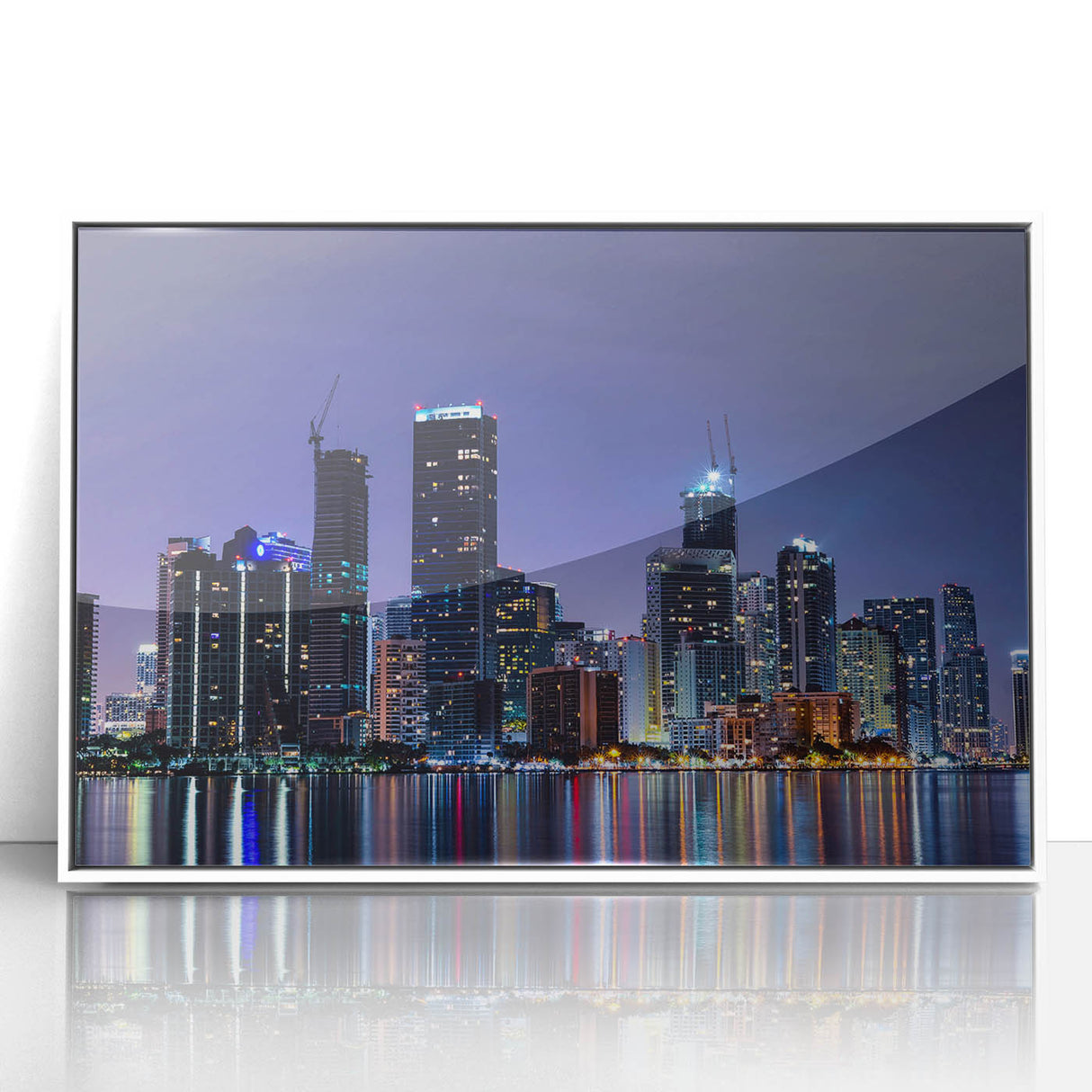 Art deco poster of Miami skyline in pastel shades on framed acrylic, suitable for modern nursery art.