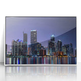 Art deco poster of Miami skyline in pastel shades on framed acrylic, suitable for modern nursery art.