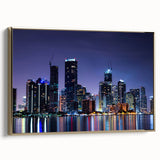 Framed canvas wall art featuring a vintage-style Miami landscape in black and gold tones, ideal for bedroom decor.