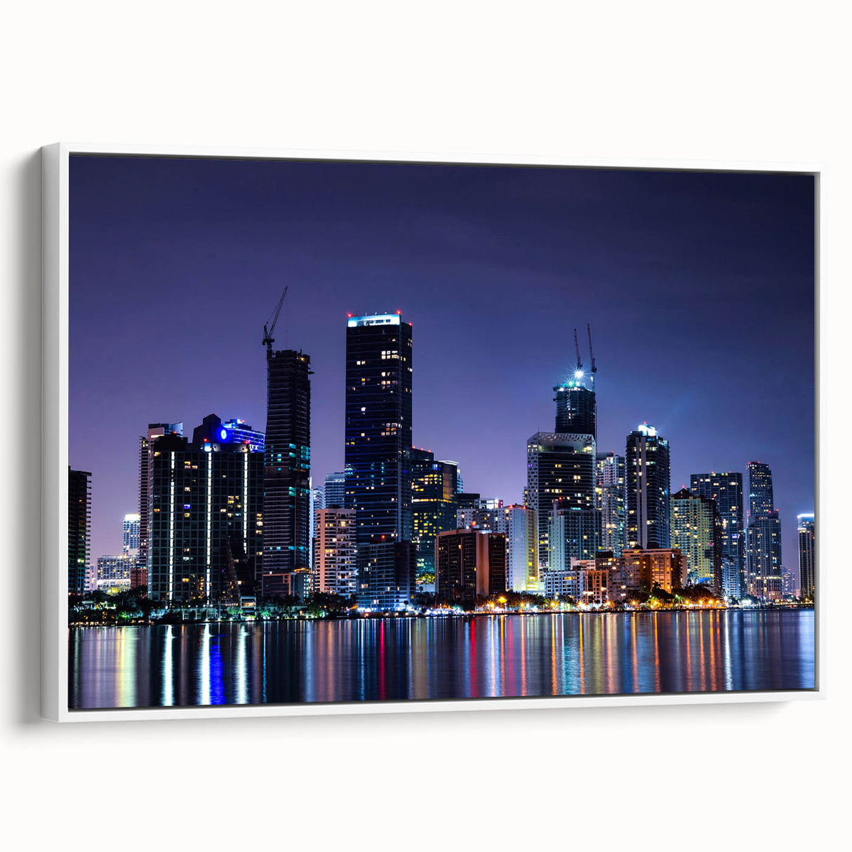 Vintage poster art of Miami skyline on extra large framed canvas, featuring vibrant colors against a black background.