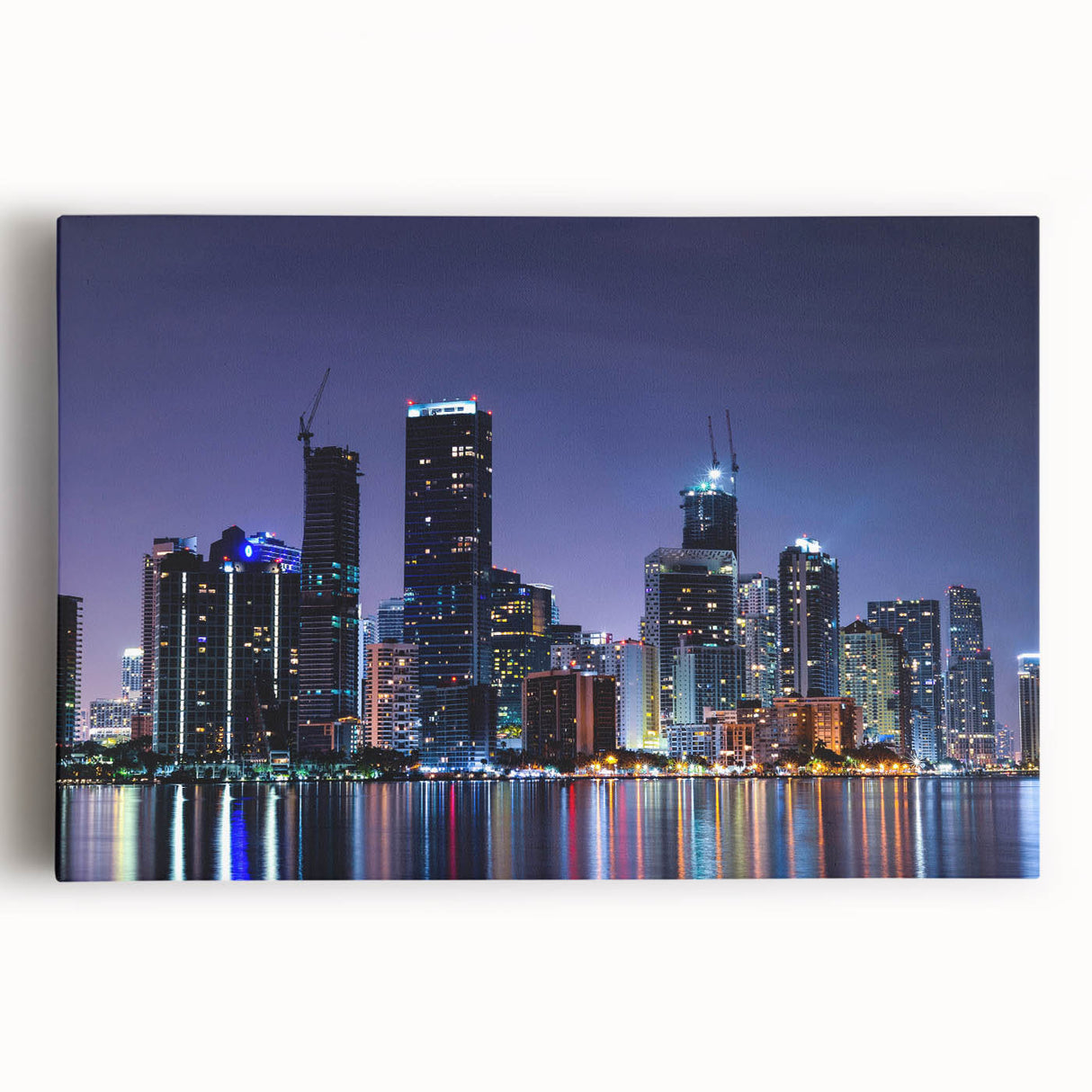 Black and white photograph of the Miami skyline on large stretched canvas, ideal for kitchen wall art.