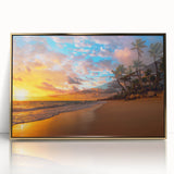 Framed acrylic print of a Palm Beach scenery in mid-century modernist style, featuring pastel hues.