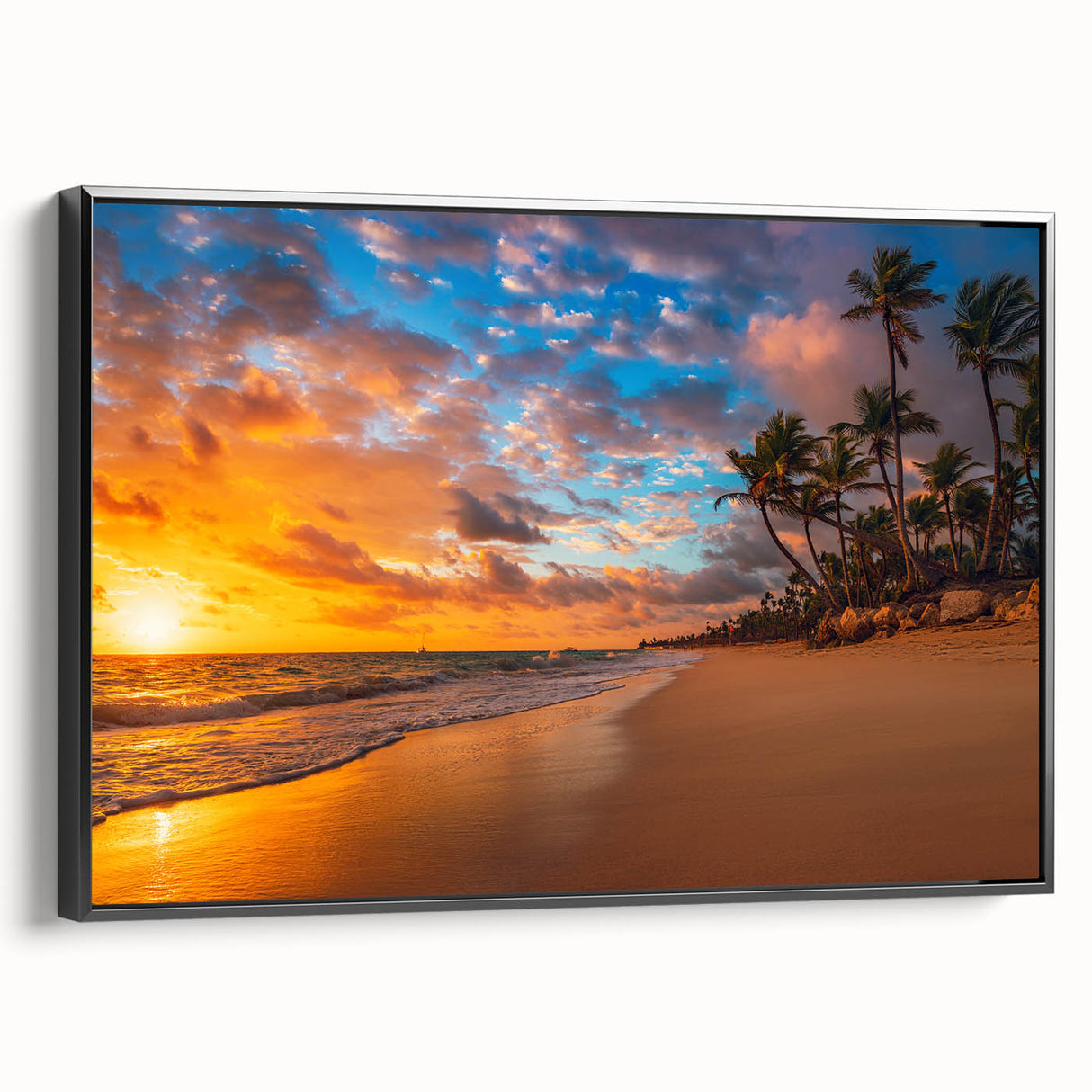 Black and white framed canvas featuring a vintage-style landscape of Palm Beach, ideal for bedroom wall art.