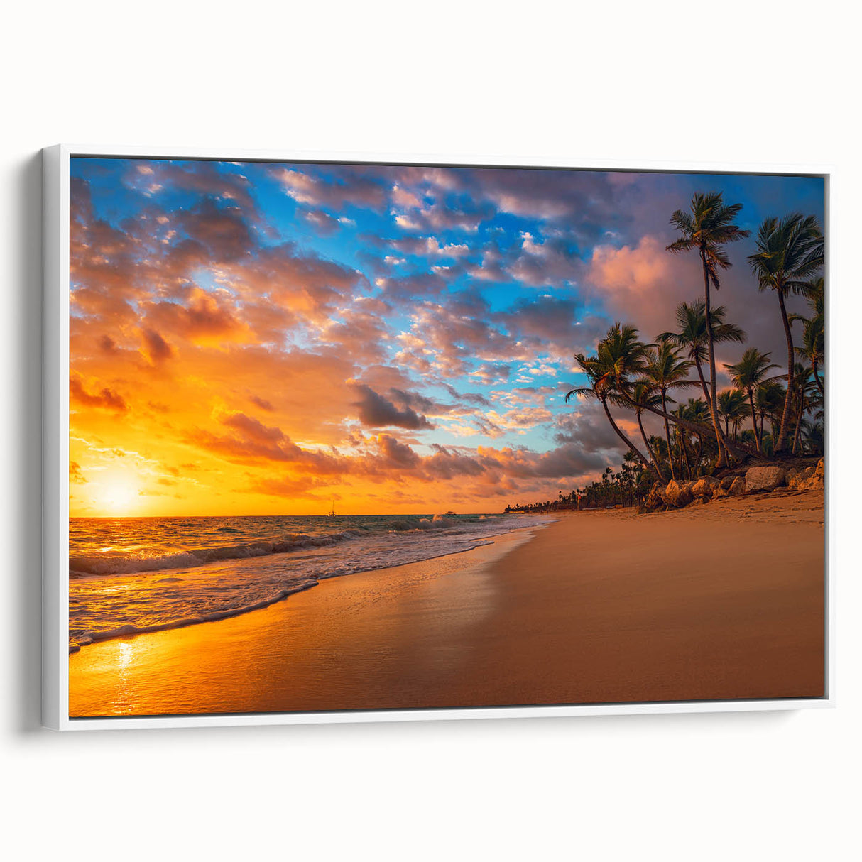 Vintage poster art of Palm Beach with colorful palette on extra large framed canvas, ideal for living room decor.