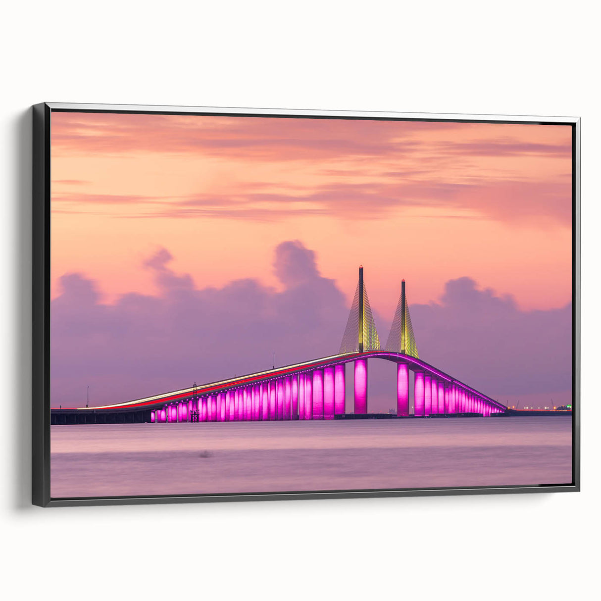 Black and white framed canvas of Tampa landscape, ideal for bedroom wall art in a vintage poster style.