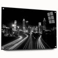 Acrylic print of Atlanta skyline in muted gray and blue tones, ideal for modern bedroom or dining room decor.