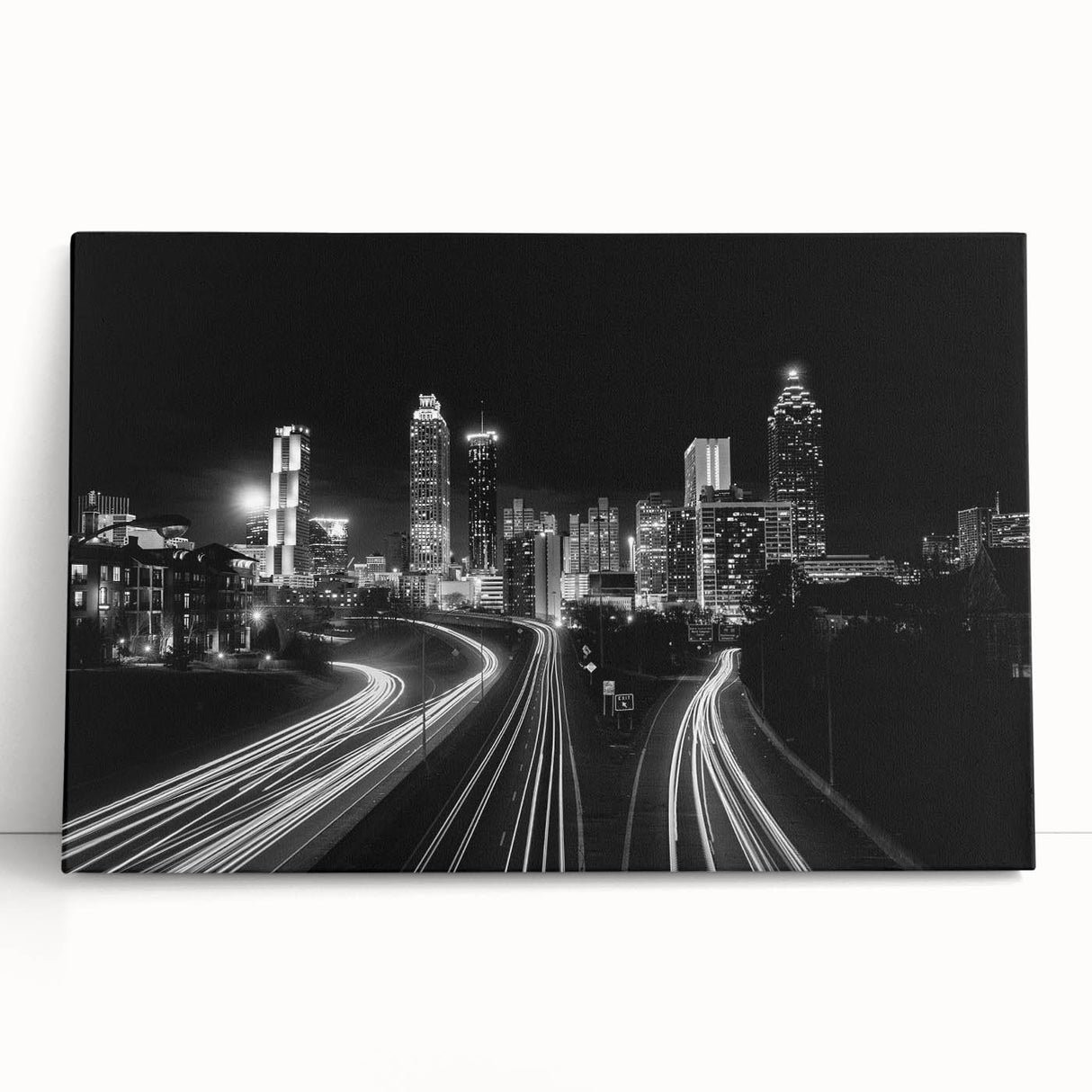 Black and white stretched canvas of Atlanta skyline, ideal for kitchen wall art or bedroom ambiance.