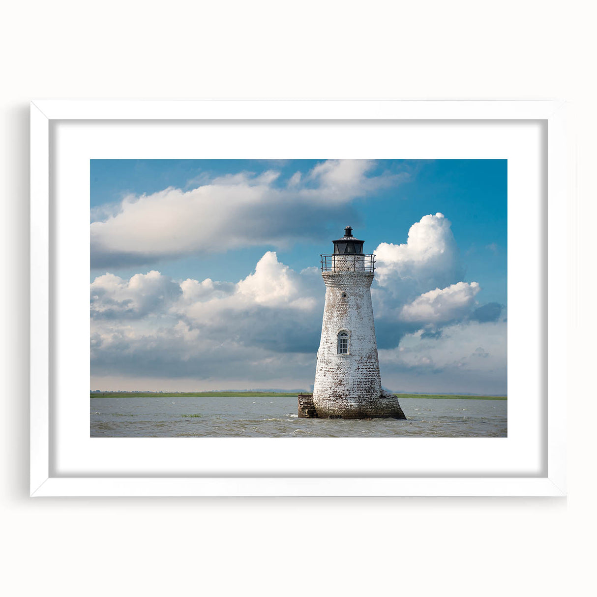Abstract art print of Savannah landscape in muted green and blue tones, framed with a white mat, ideal for dining room decor.