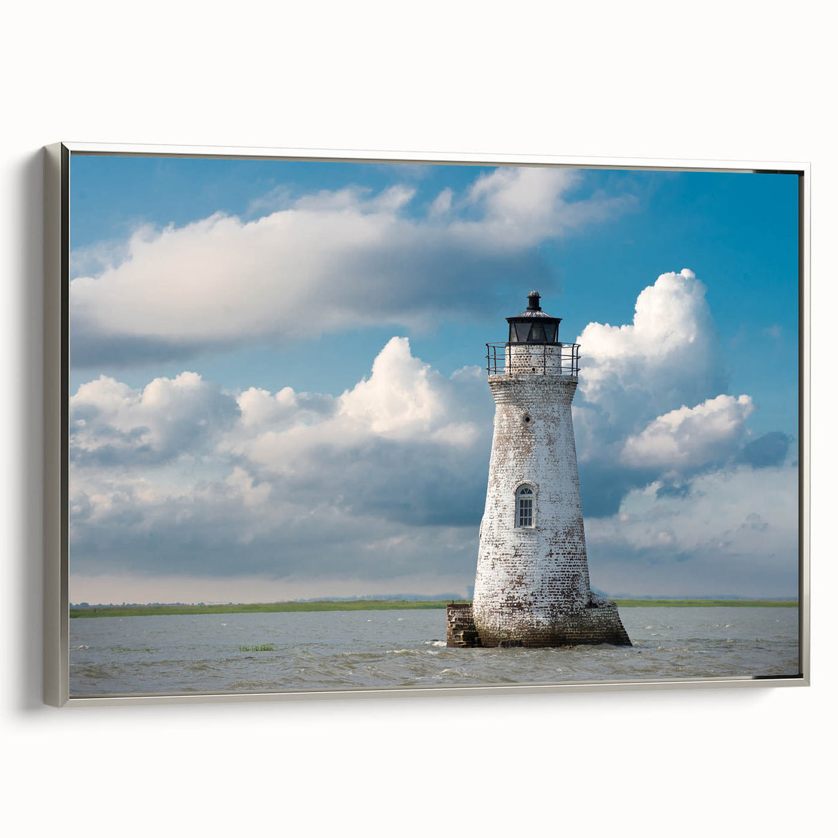 Framed canvas of a vintage Savannah landscape painting in muted grays and vibrant blues, ideal for living room decor.