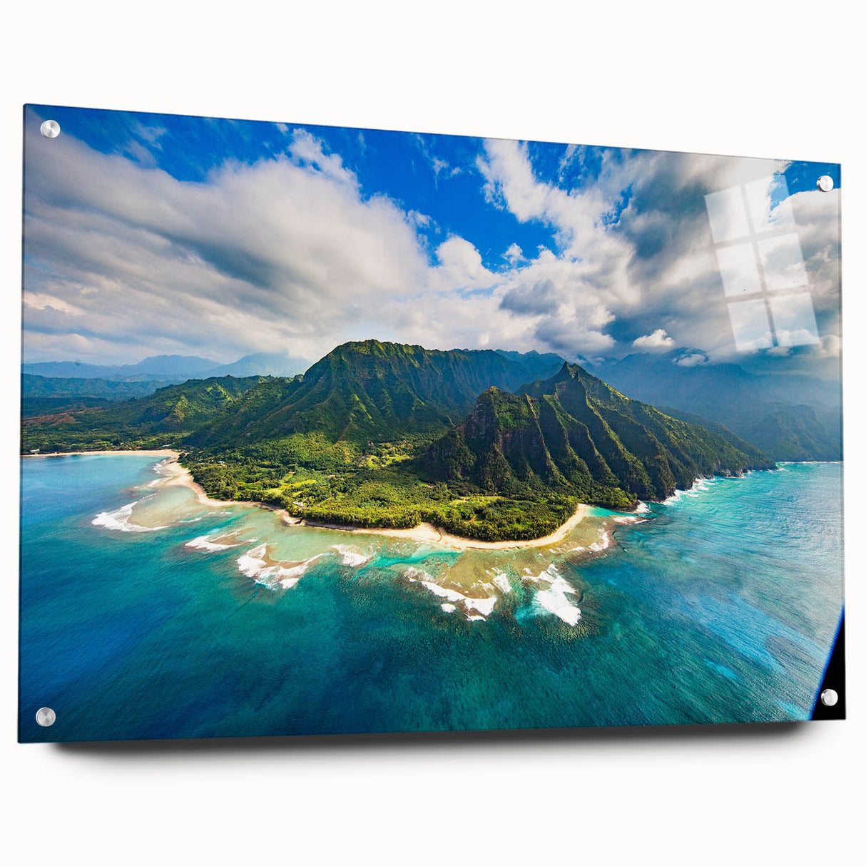 Acrylic print of Kauai, Hawaii, landscape in muted green and blue tones, ideal for bedroom or dining room decor.