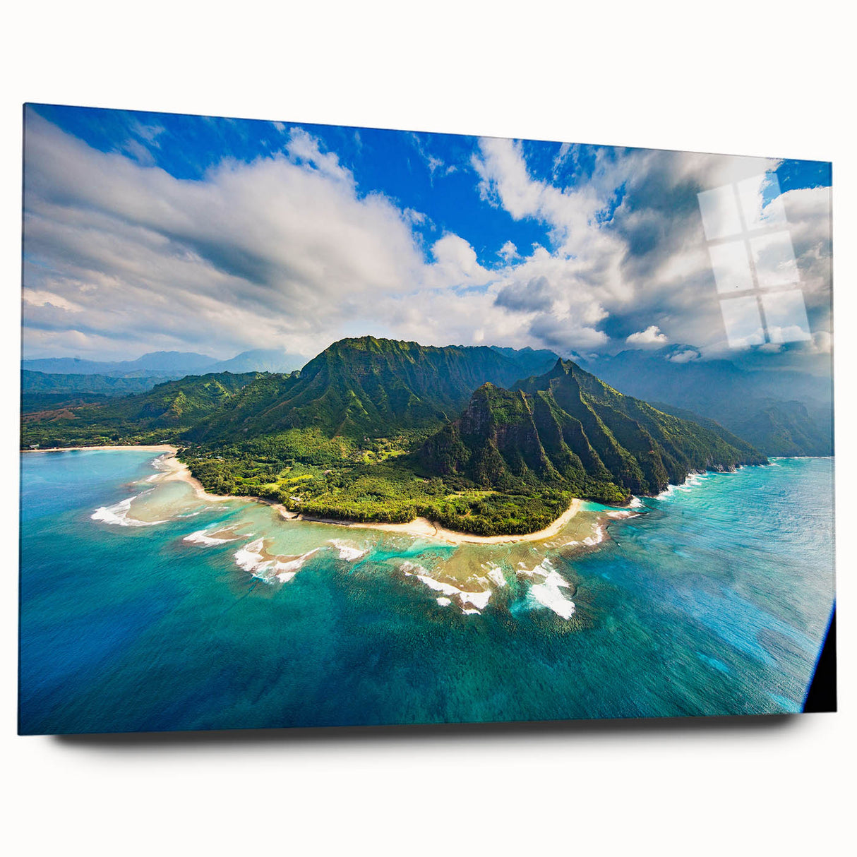 Large abstract depiction of Kauai landscape on acrylic glass, in vibrant green and blue tones.
