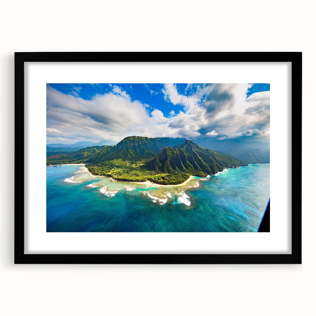 Extra large abstract art print featuring colorful, textured scenery of Kauai, on a framed black mat.