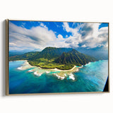 Framed canvas featuring a vintage-style landscape painting of Kauai, Hawaii, with a black and gold color scheme.